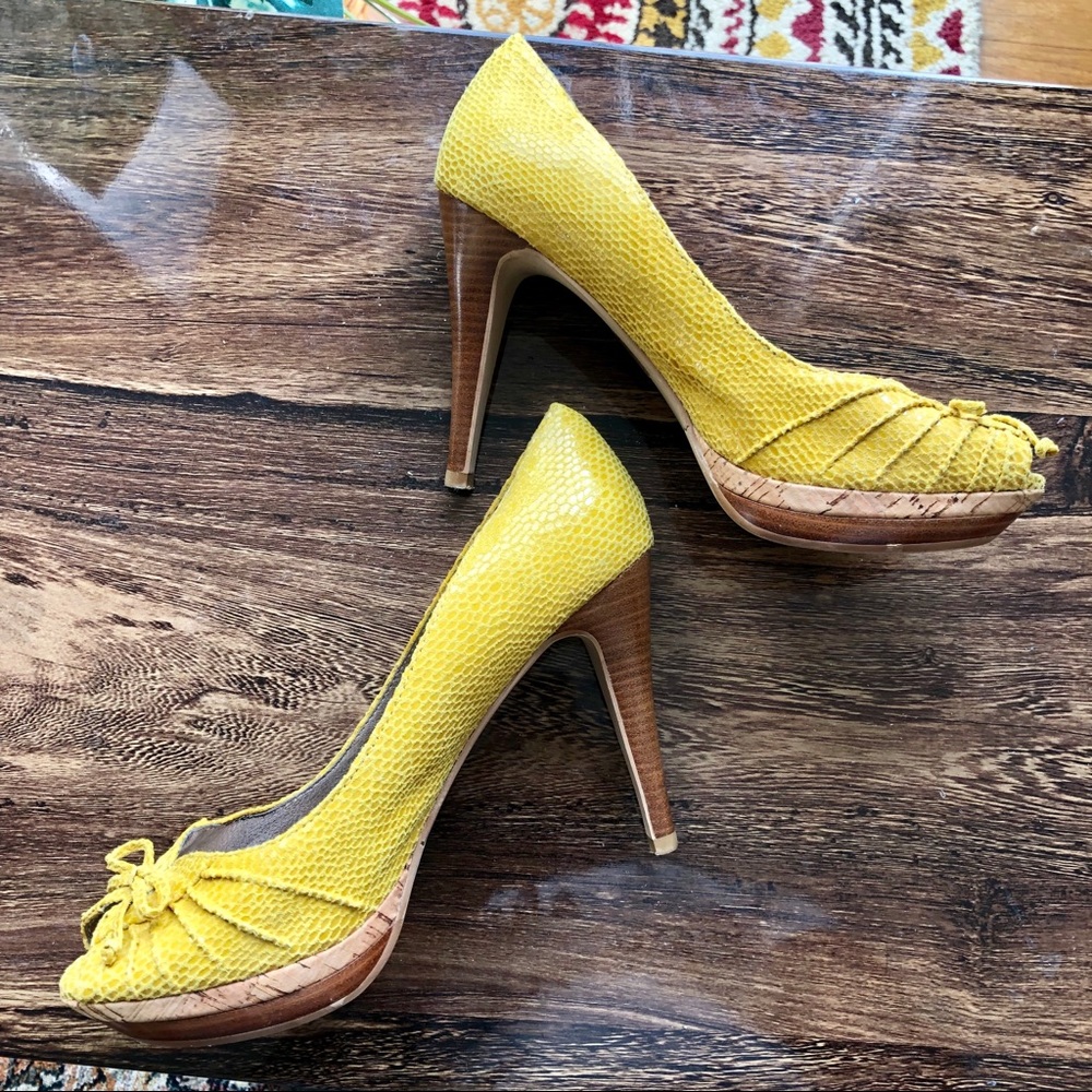Yellow platform peep toe heels